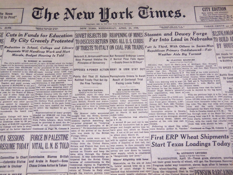 1948 APRIL 14 NEW YORK TIMES - STASSEN & DEWEY IN LEAD - NT 2921