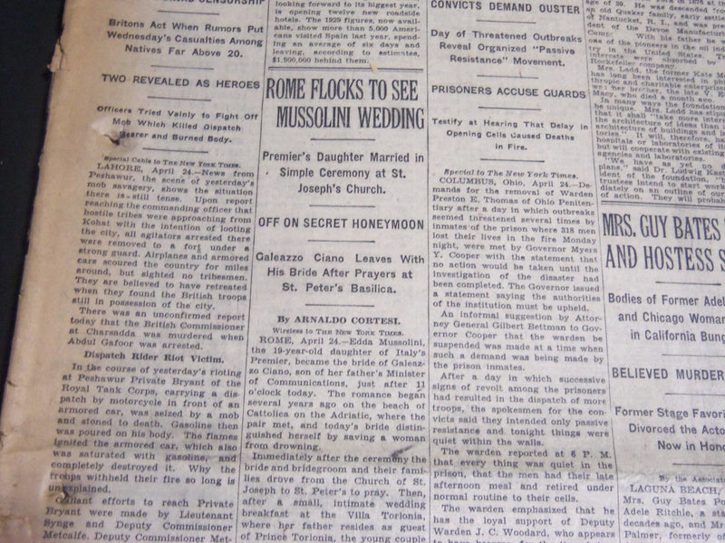 1930 APRIL 25 NEW YORK TIMES - ROME FLOCKS TO SEE MUSSOLINI WEDDING - NT 6686