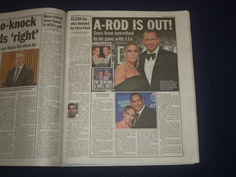 2021 APRIL 16 NEW YORK DAILY NEWS NEWSPAPER- JENNIFER LOPEZ/ALEX RODRIGUEZ SPLIT