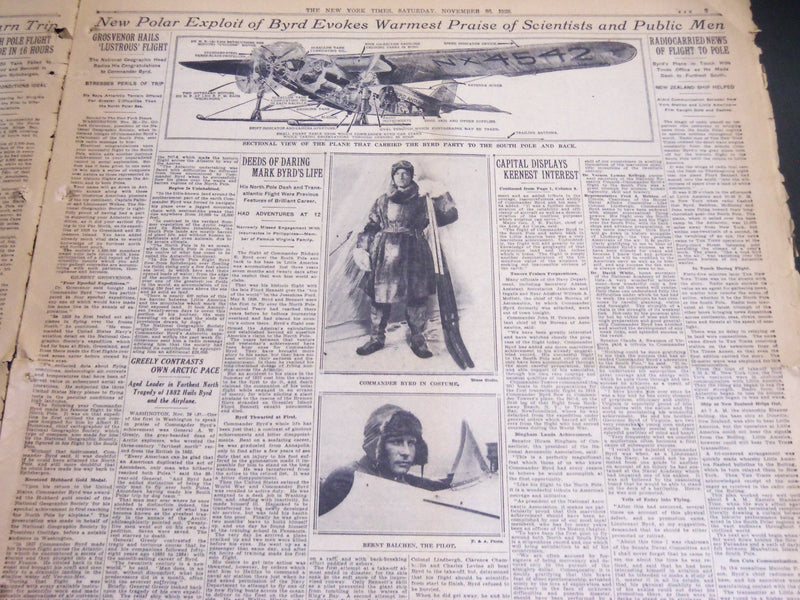 1929 NOV 30 NEW YORK TIMES - BYRD SAFELY FLIES TO SOUTH POLE & BACK - NT 6909