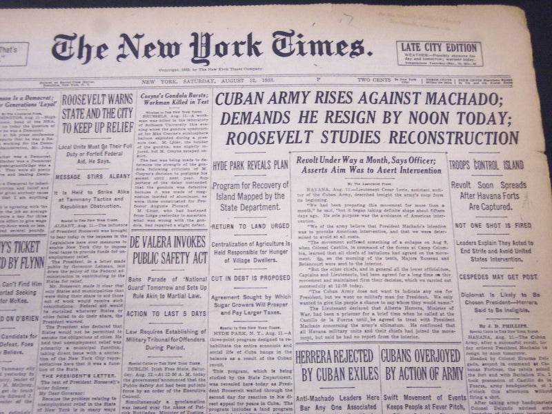 1933 AUGUST 12 NEW YORK TIMES - CUBAN ARMY RISES AGAINST MACHADO - NT 5250