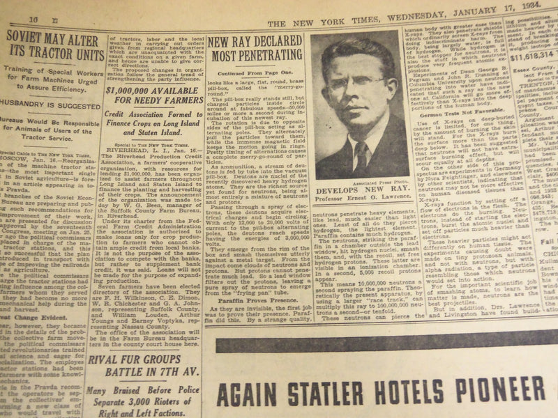 1934 JAN 17 NEW YORK TIMES - NEW NEUTRON RAY MORE POWERFUL THAN X-RAY - NT 1604