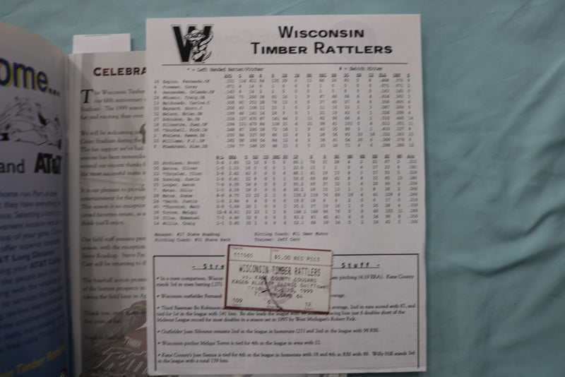 1999 WISCONSIN TIMBER RATTLERS SOUVENIR PROGRAM & TICKET STUB - K 3411