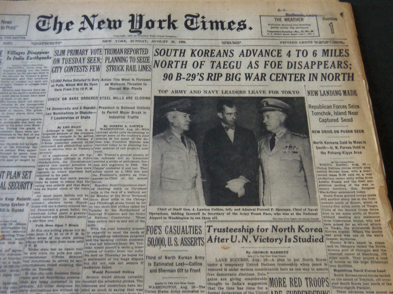 1950 AUGUST 20 NEW YORK TIMES - SOUTH KOREANS ADVANCE NORTH OF TAEGU - NT 5994