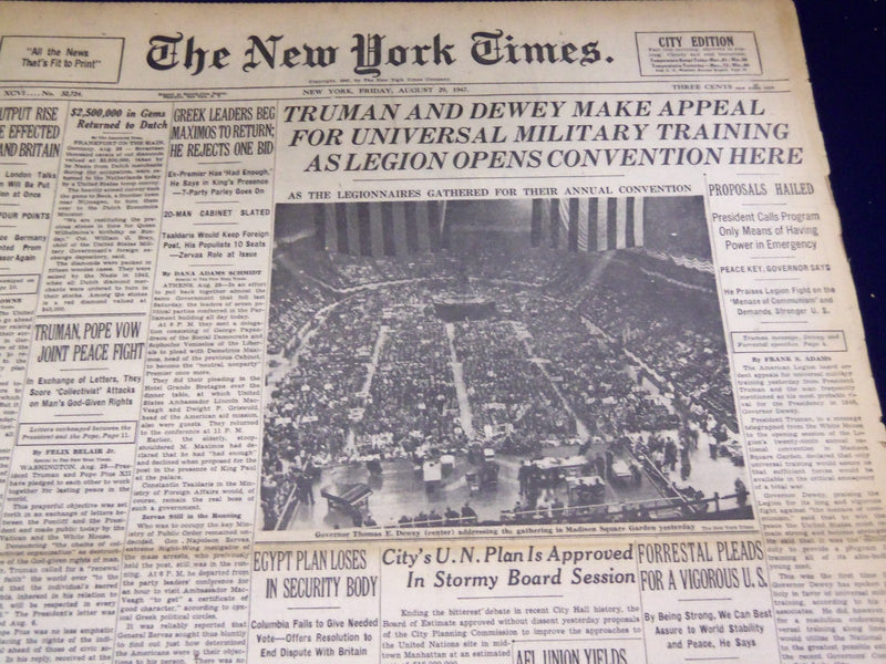 1947 AUGUST 29 NEW YORK TIMES - TRUMAN AND DEWEY MAKE APPEAL - NT 3325