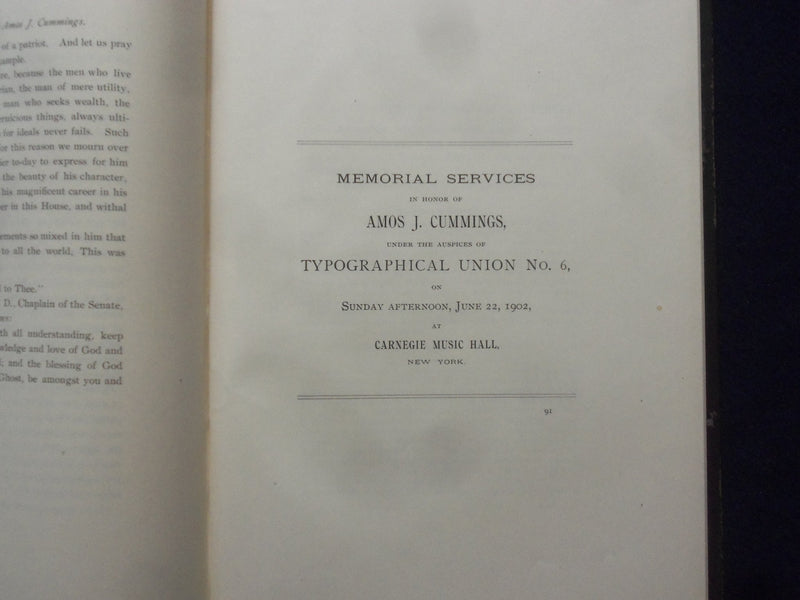 1903 AMOS J. CUMMINGS MEMORIAL ADDRESSES HARDCOVER BOOK - K 201