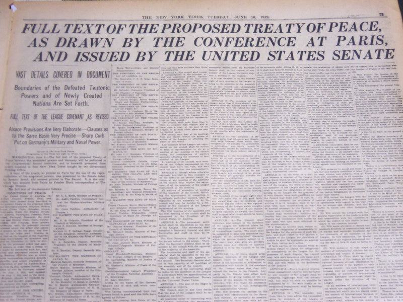 1919 JUNE 10 NEW YORK TIMES NEWSPAPER - PEACE TREATY MADE PUBLIC - NT 6657