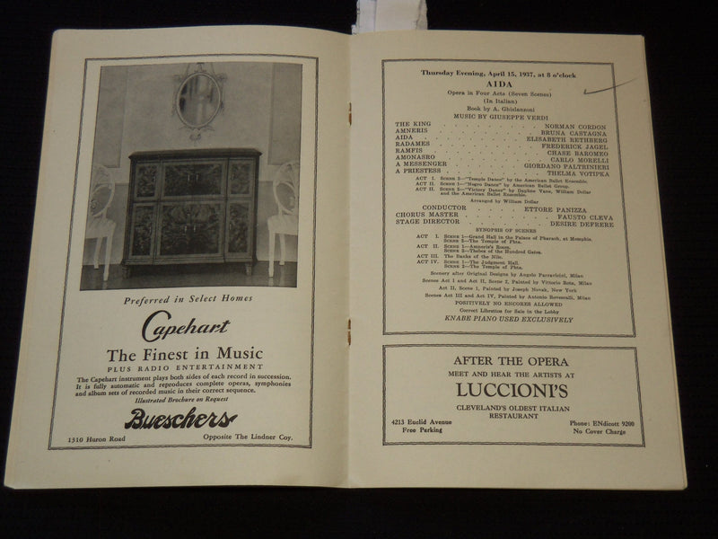 1937 TENTH GRAND OPERA SEASON PROGRAM - CLEVELAND - RUSTICANA - J 8015