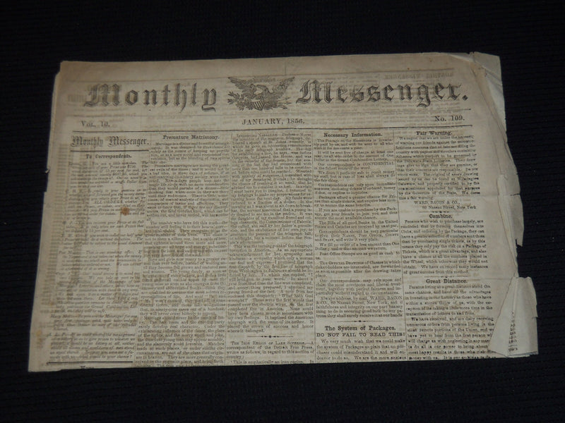 1856 JAN MONTHLY MESSENGER NEWSPAPER - SAMUEL MORSE - LOTTERY PRIZES - NP 3879R