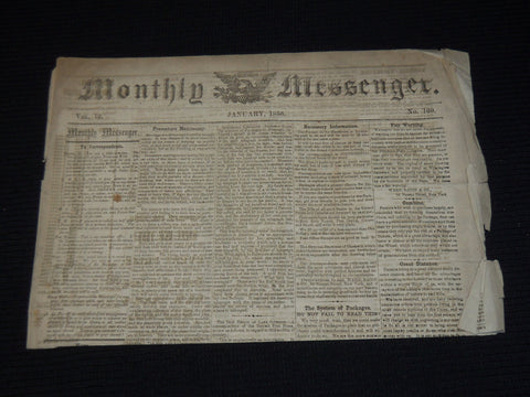 1856 JAN MONTHLY MESSENGER NEWSPAPER - SAMUEL MORSE - LOTTERY PRIZES - NP 3879R