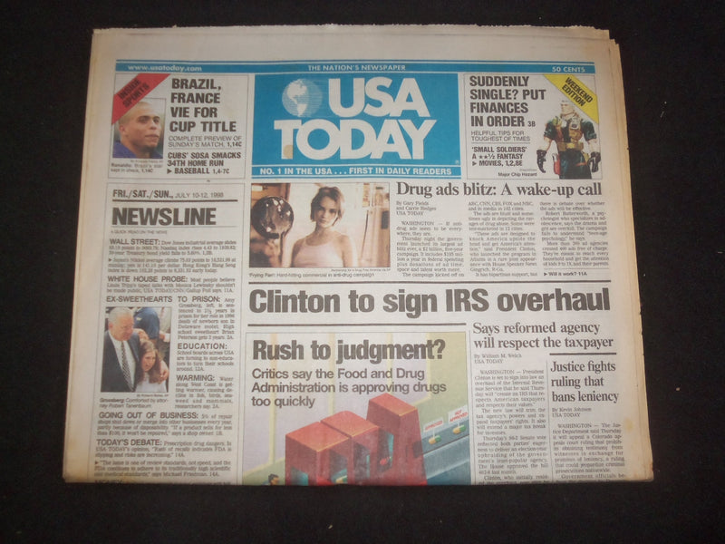 1998 JULY 10-12 USA TODAY NEWSPAPER - CLINTON TO SIGN IRS OVERHAUL - NP 7935