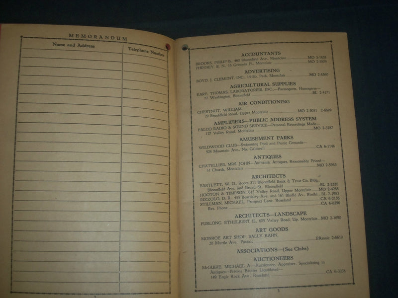 1940 BLOOMFIELD CALDWELL GLENRIDGE MONTCLAIR VERONA DIRECTORY BOOK - J 3959