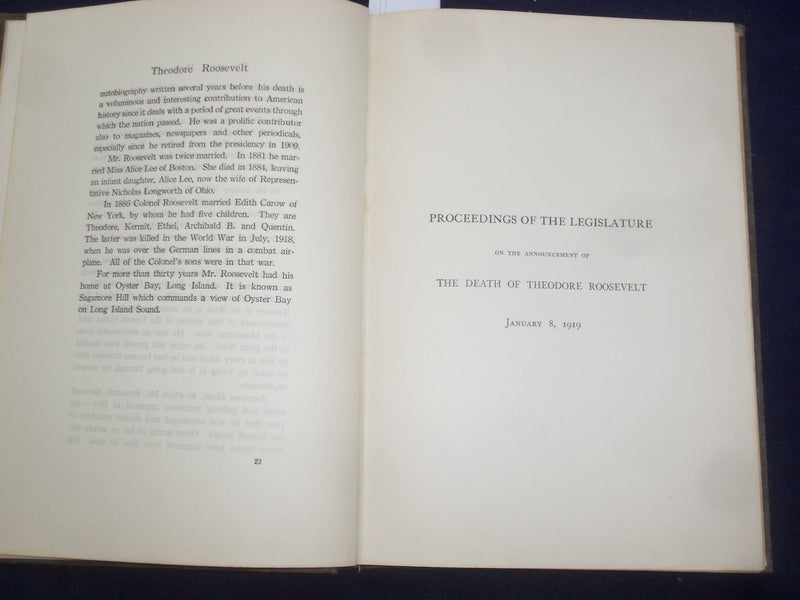 1919 A MEMORIAL TO THEODORE ROOSEVELT - STATE OF NY- HARDCOVER BOOK BY - KD 9098