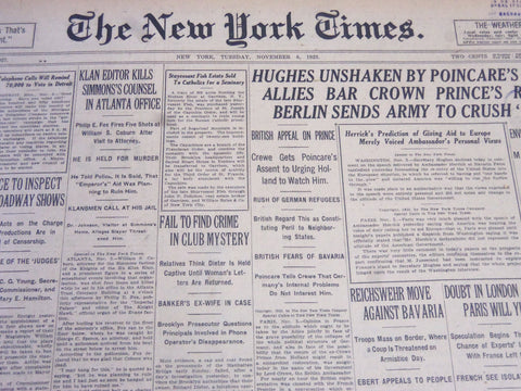 1923 NOVEMBER 6 NEW YORK TIMES - KLAN EDITOR KILLS SIMMON'S COUNSEL - NT 5868