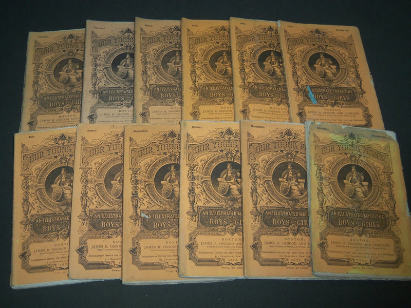 1873 OUR YOUNG FOLKS ILLUSTRATED MAGAZINE LOT OF 12 - GREAT STORIES - WR 105P