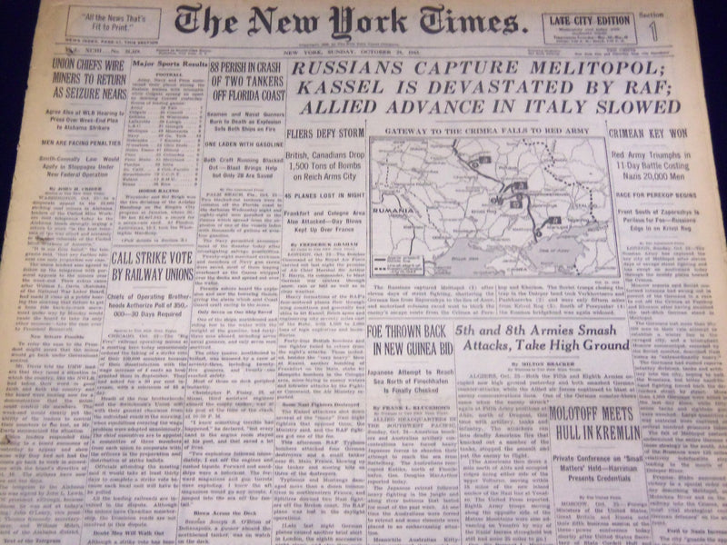 1943 OCTOBER 24 NEW YORK TIMES - RUSSIANS CAPTURE MELITOPOL - NT 1761