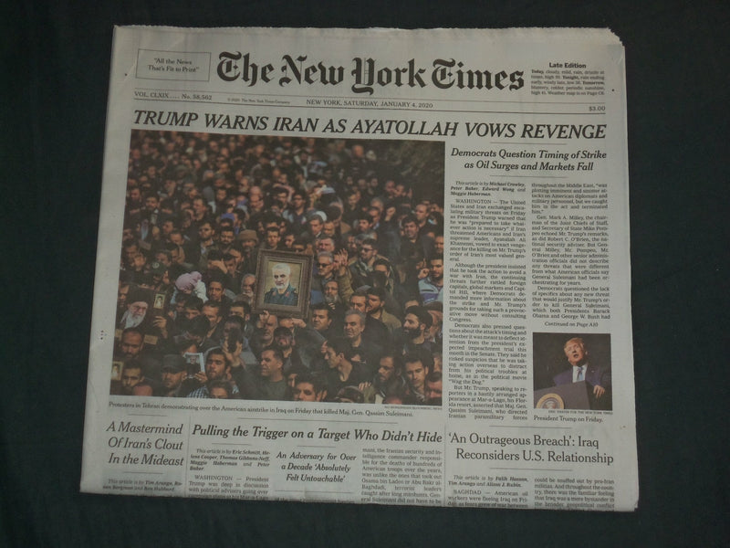 2020 JANUARY 4 NEW YORK TIMES - TRUMP WARNS IRAN AS AYATOLLAH VOWS REVENGE