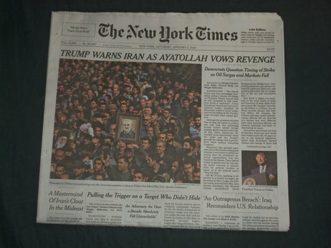 2020 JANUARY 4 NEW YORK TIMES - TRUMP WARNS IRAN AS AYATOLLAH VOWS REVENGE