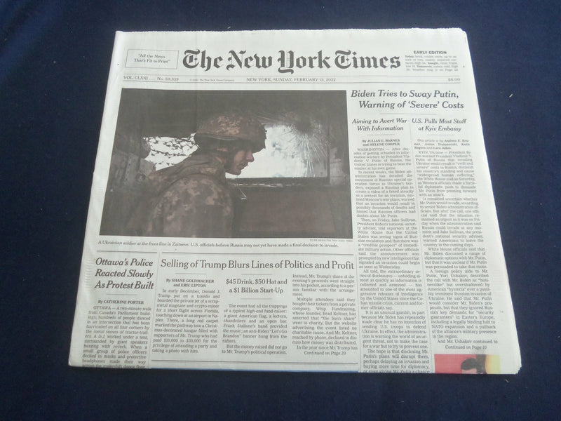 2022 FEBRUARY 13 NEW YORK TIMES -BIDEN TRIES TO SWAY PUTIN, WARNING SEVERE COSTS