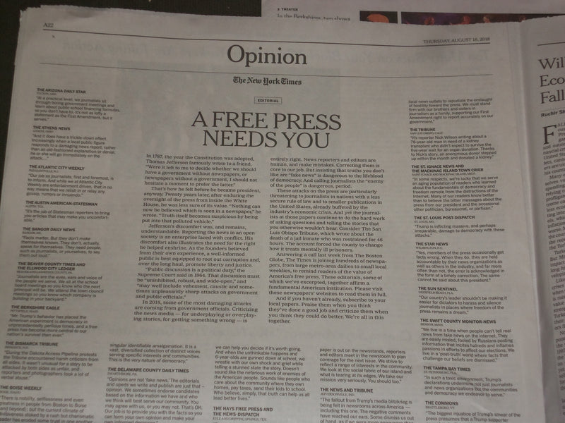 2018 AUGUST 16 NEW YORK TIMES - OPINION PAGE: FREEDOM OF THE PRESS