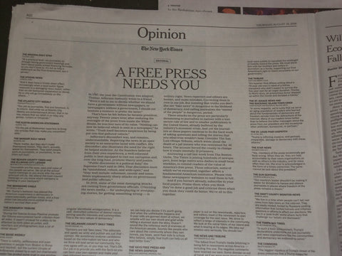 2018 AUGUST 16 NEW YORK TIMES - OPINION PAGE: FREEDOM OF THE PRESS