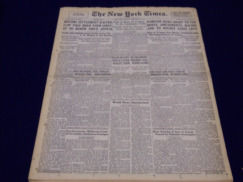 1946 FEB 18 NEW YORK TIMES NEWSPAPER - MOTORS SETTLEMENT HALTED UAW - NT 6