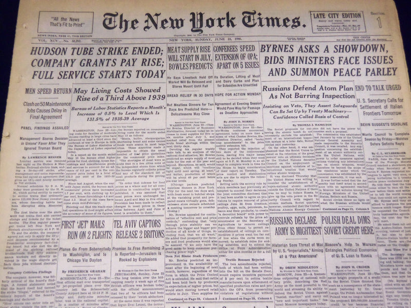1946 JUNE 23 NEW YORK TIMES - HUDSON TUBE STRIKE ENDED - NT 3182