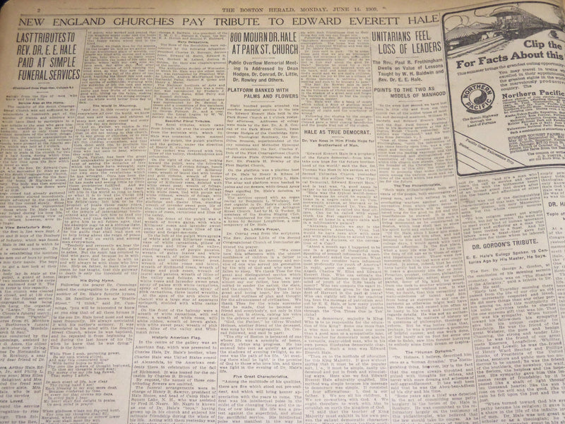 1909 JUNE 14 THE BOSTON HERALD - EDWARD EVERETT HALE FUNERAL SERVICES - BH 379