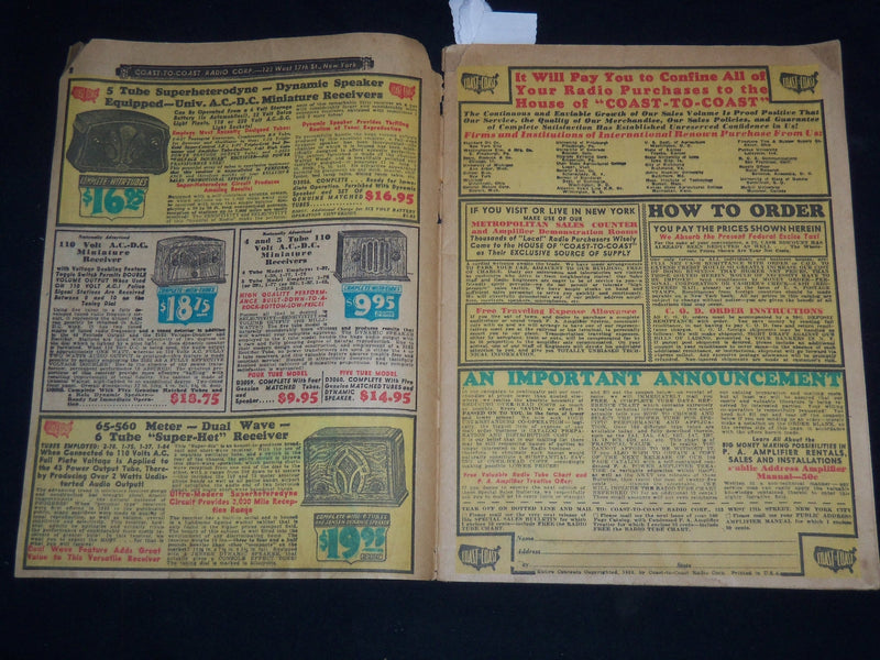 1933 COAST TO COAST RADIO CORP. SALE CATALOG - SUPPLEMENT EDN - J 9127