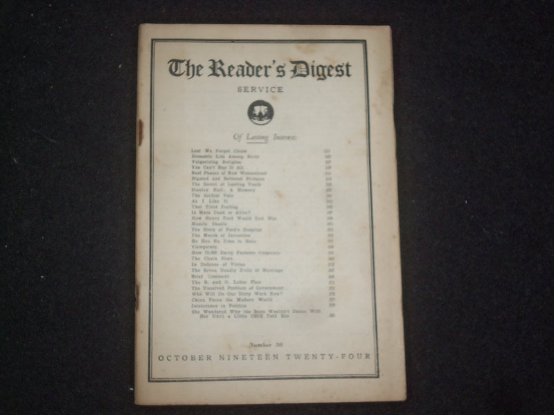 1924 OCTOBER THE READER'S DIGEST SOFTCOVER BOOK - NUMBER 30 - J 9909