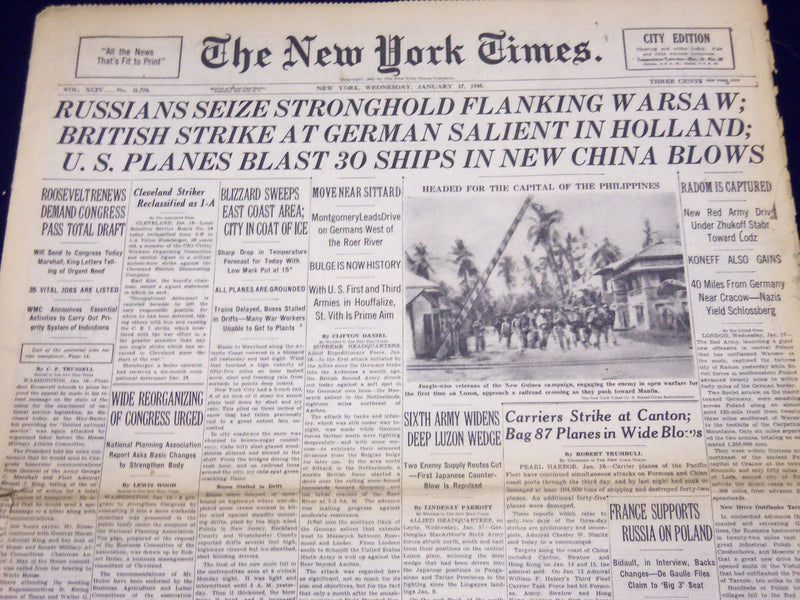 1945 JAN 17 NEW YORK TIMES - RUSSIANS SEIZE STRONGHOLD FLANKING WARSAW - NT 381