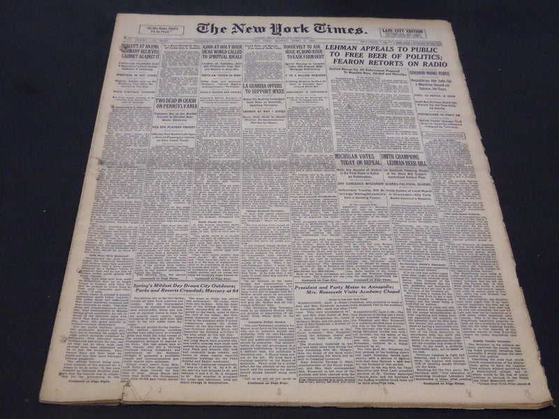 1933 APRIL 3 NEW YORK TIMES - LAGUARDIA OFFERS TO SUPPORT M'KEE - NT 5207
