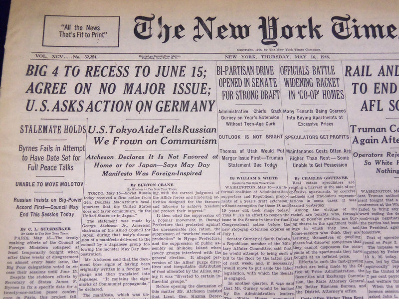 1946 MAY 16 NEW YORK TIMES - U. S. ASKS ACTION ON GERMANY - NT 2968