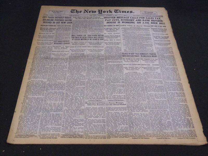 1932 DECEMBER 7 NEW YORK TIMES - HOOVER CALLS FOR SALES TAX & REFORM - NT 4816