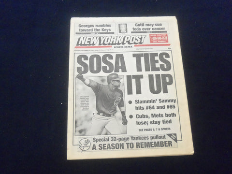 1998 SEP 24 NEW YORK POST NEWSPAPER - SAMMY SOSA HITS HR #S 64 & 65 - NP 6076