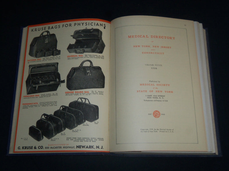 1938 MEDICAL DIRECTORY OF NEW YORK - NEW JERSEY - CONNECTICUT BOOK - KD 5472