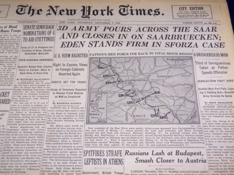1944 DECEMBER 7 NEW YORK TIMES - 3D ARMY NEAR SAARBRUECKEN - NT 2367