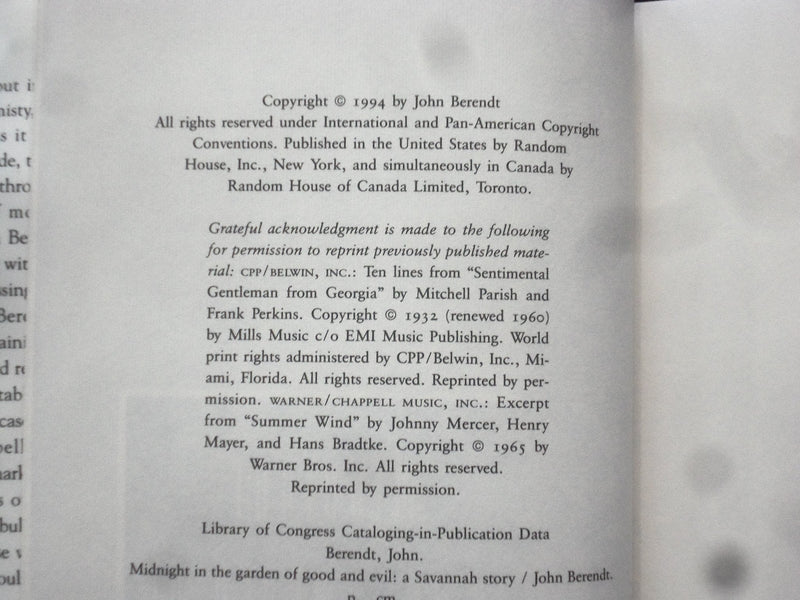 1994 MIDNIGHT IN THE GARDEN HARDCOVER BOOK - JOHN BERENDT - AUTOGRAPHED- KD 8922