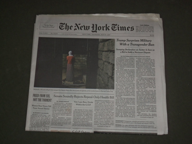 2017 JULY 27 NEW YORK TIMES - TRUMP SURPRISES MILITARY WITH TRANSGENDER BAN