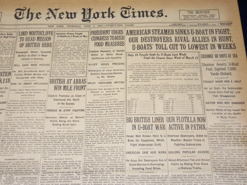 1917 JUNE 7 NEW YORK TIMES NEWSPAPER - AMERICAN STEAMER SINKS U-BOAT - NT 7788