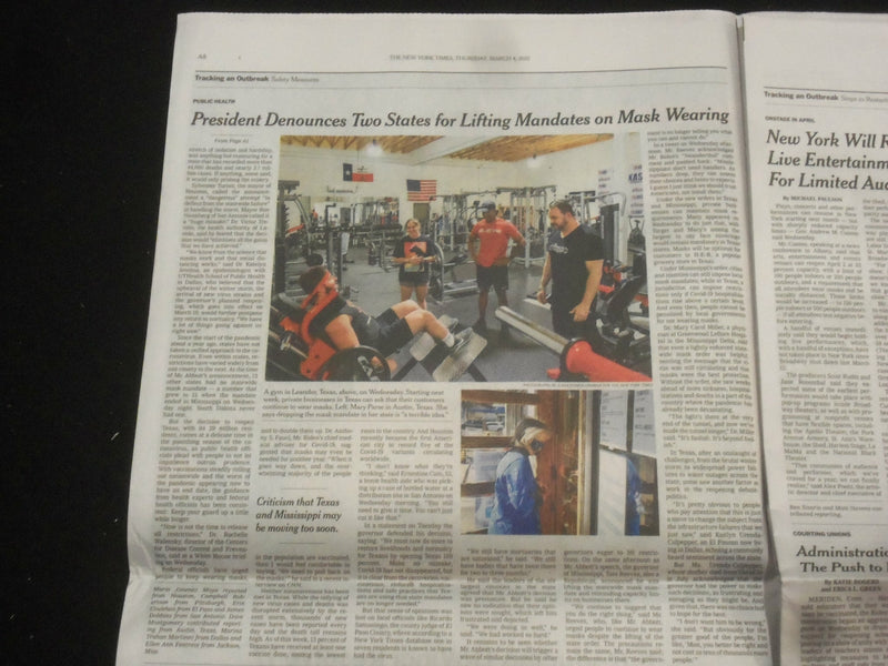 2021 MARCH 4 NEW YORK TIMES - BIDEN DENOUNCES STATES FOR LIFTING ORDERS ON MASKS