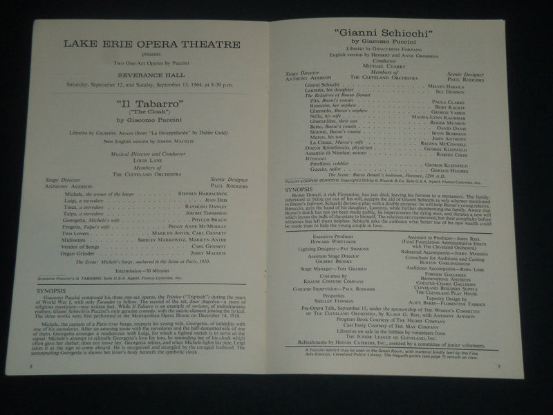 1964 LAKE ERIE OPERA THEATRE PROGRAM - THE RAKE'S PROGRESS - OHIO - J 4278
