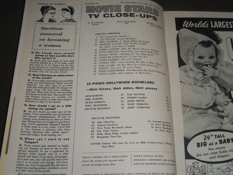 1959 OCTOBER MOVIE STARS MAGAZINE TV CLOSE UPS - FABIAN COVER - ST 5221