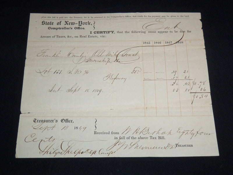 1849-1869 STATE OF NEW YORK COMPTROLLER'S OFFICE TAX BILLS LOT OF 3 - J 8853