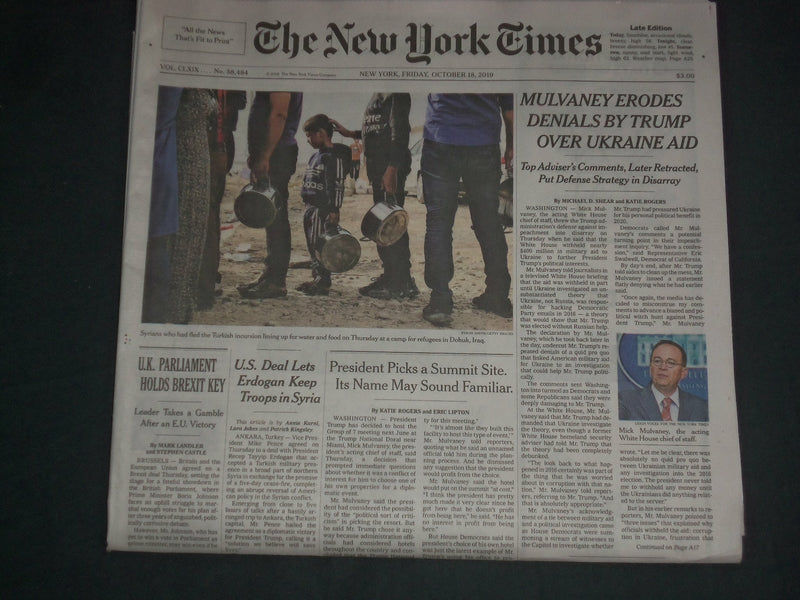 2019 OCTOBER 18 NEW YORK TIMES-MULVANEY ERODES DENIALS BY TRUMP OVER UKRAINE AID
