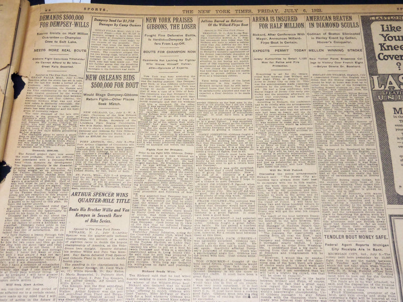 1923 JULY 6 NEW YORK TIMES NEWSPAPER - MAY BREAK EVEN ON DEMPSEY BOUT - NT 7739