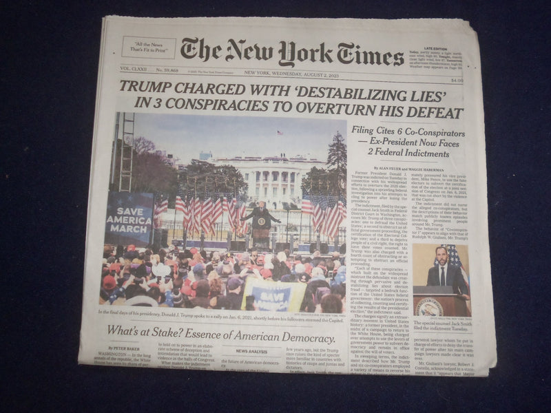 2023 AUGUST 2 NEW YORK TIMES -TRUMP CHARGED IN 3 CONSPIRACIES TO OVERTURN DEFEAT