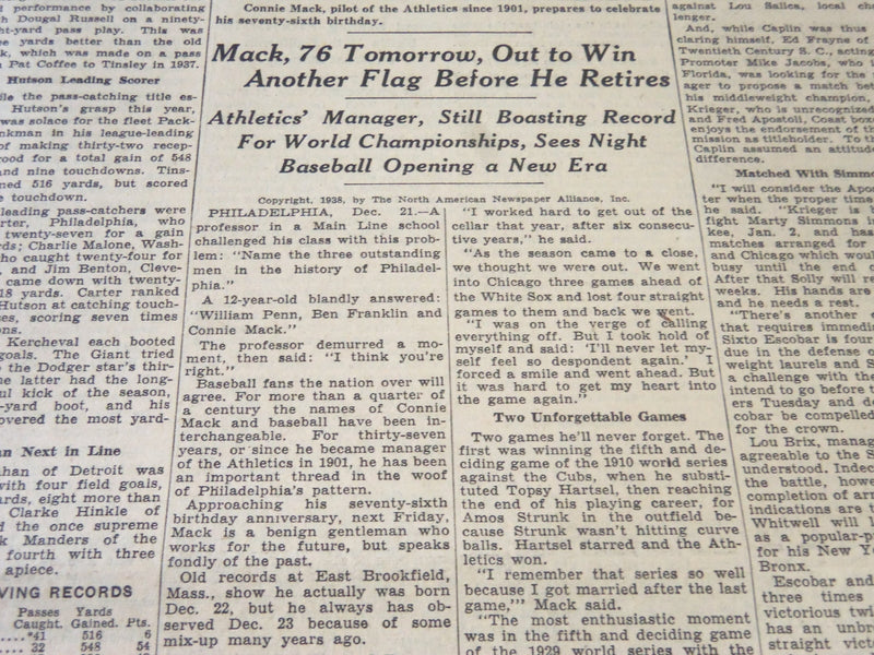 1938 DECEMBER 22 NEW YORK TIMES - CONNIE MACK 76 TOMORROW - NT 6264