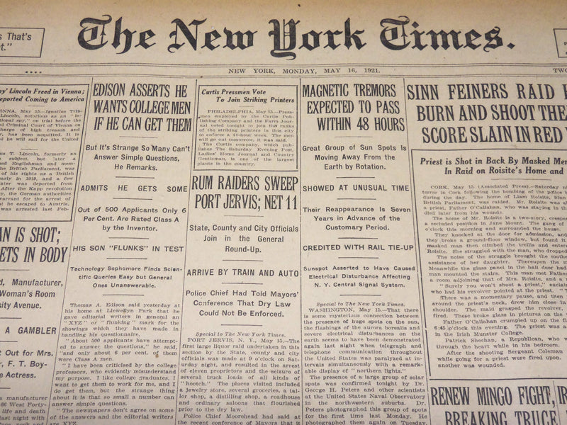1921 MAY 16 NEW YORK TIMES NEWSPAPER - EDISON WANTS COLLEGE MEN - NT 7850
