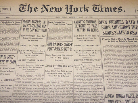 1921 MAY 16 NEW YORK TIMES NEWSPAPER - EDISON WANTS COLLEGE MEN - NT 7850